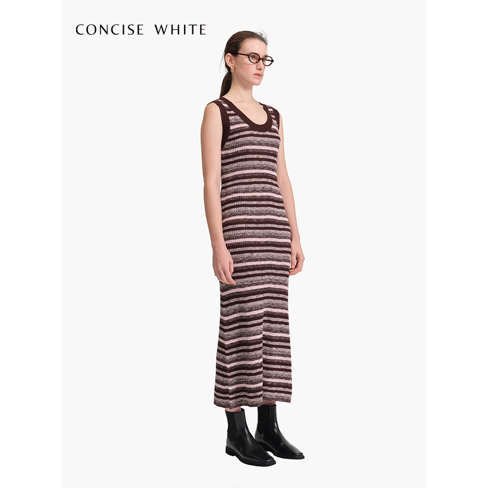 Concise-White Color Striped Knitted Long Dress