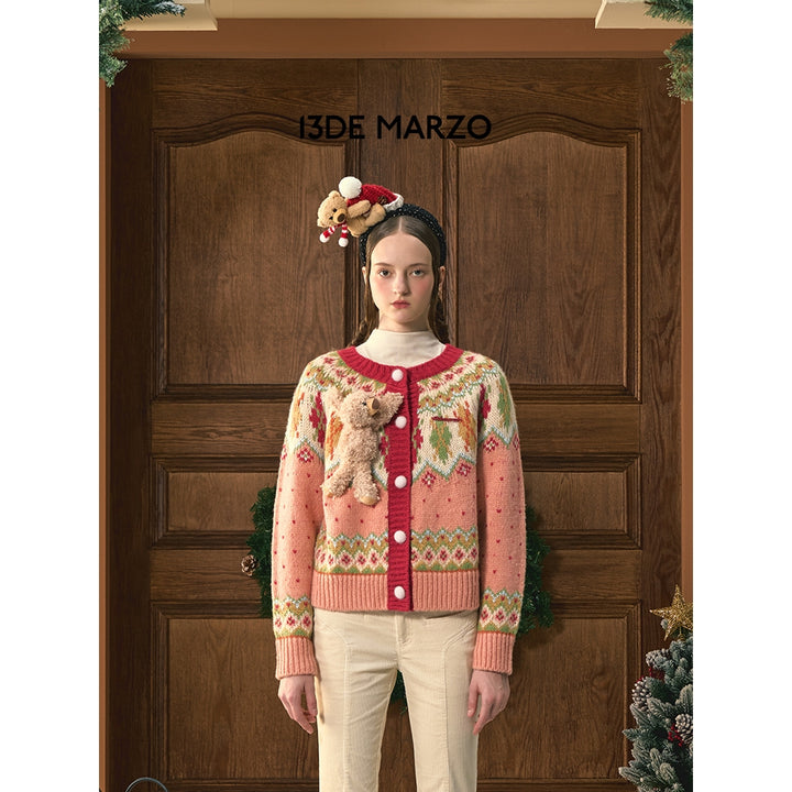 13De Marzo Christmas Bear Vintage Cardigan Pink - Mores Studio