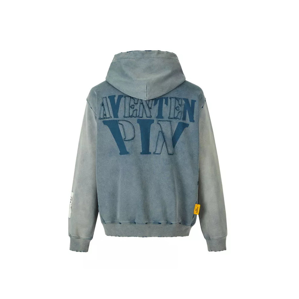 Aventen Pin Patched Logo Washed Hoodie Blue - Mores Studio