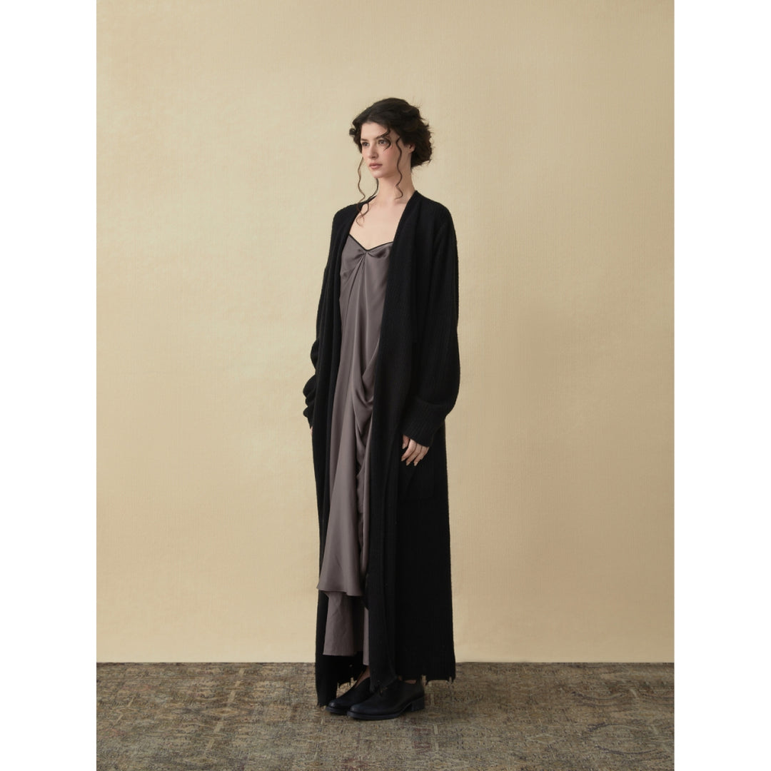 Elywood Black Lapel Knit Long Coat - Mores Studio