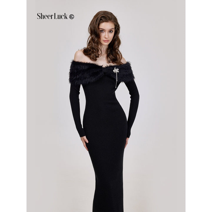 Sheer Luck Nonna Off-Shoulder Faux Mink Slim Knitted Dress Black - Mores Studio