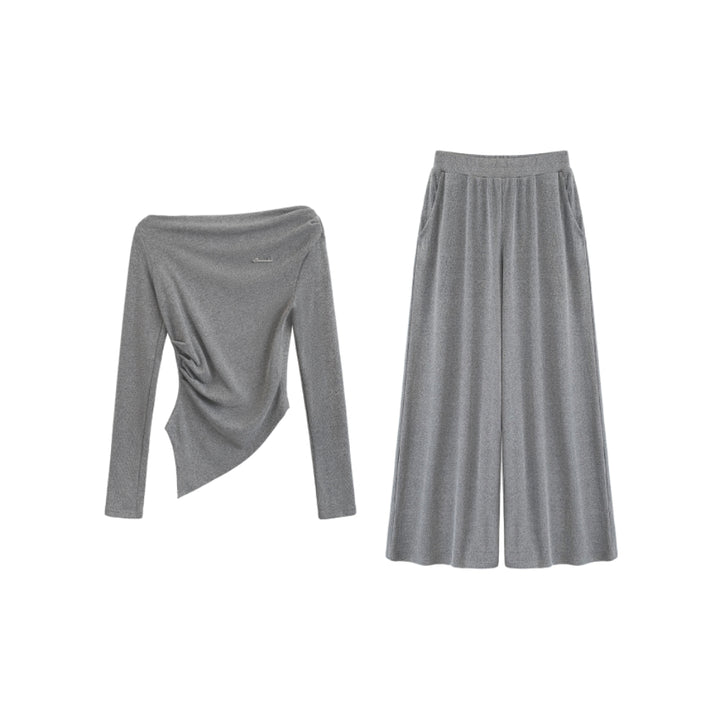 Brow Moda Pleated Irregular Top And Wide-leg Pants Set Grey