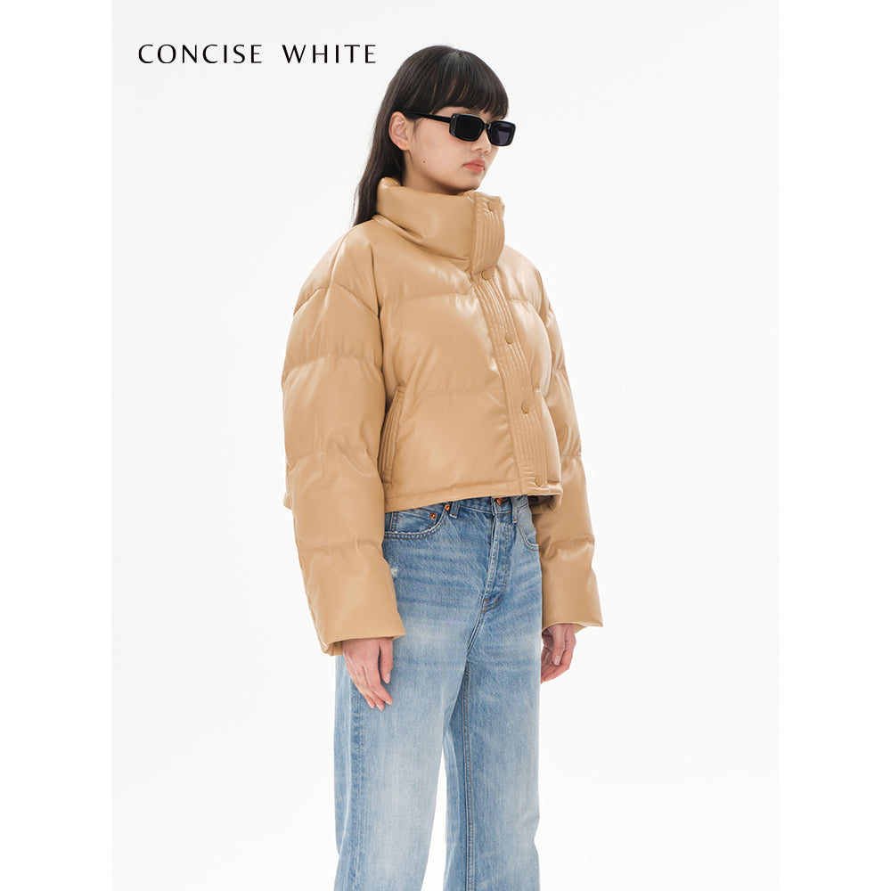 Concise-White PU Leather Puff Cropped Down Jacket Khaki - Mores Studio