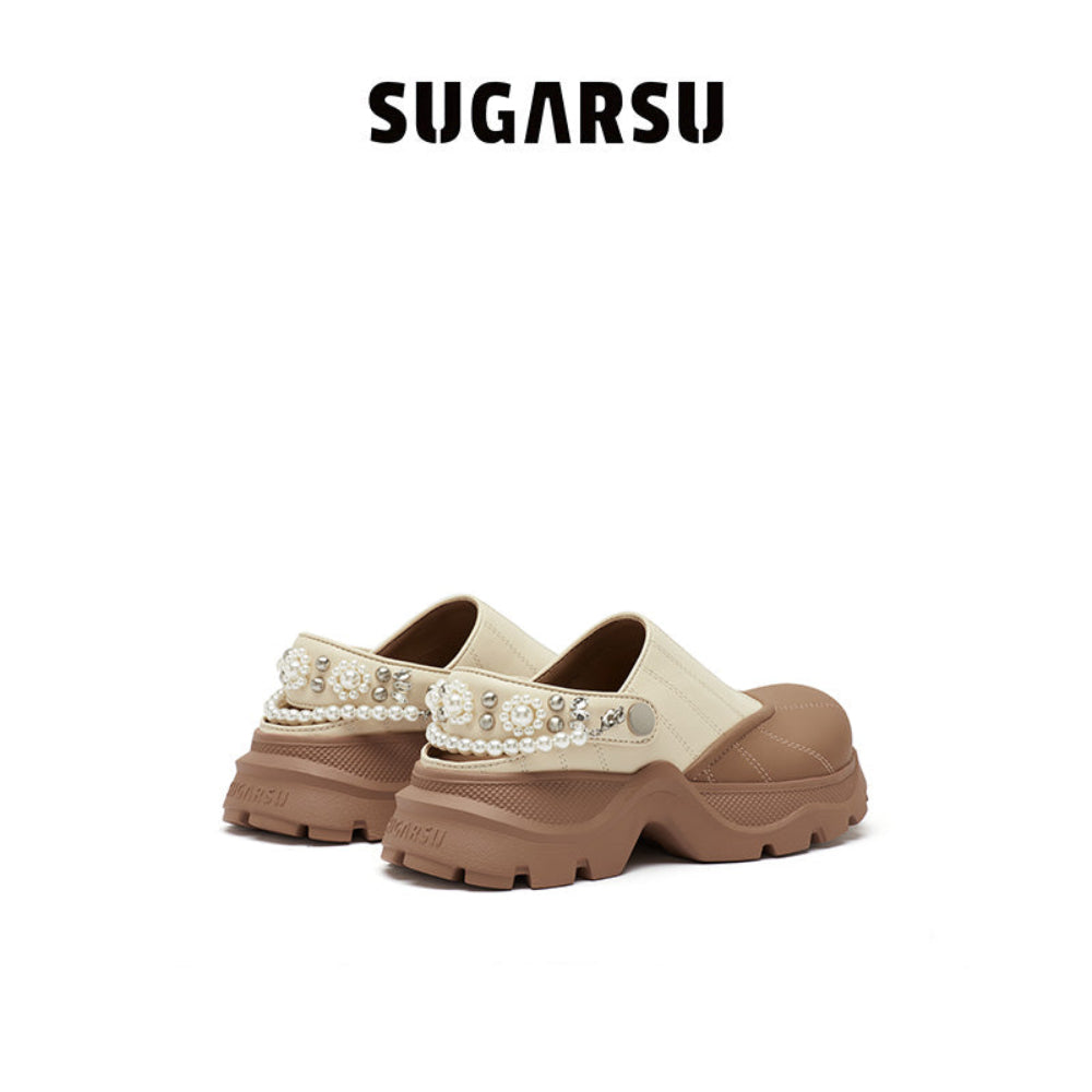 SugarSu Pearl Chain Decorated Tip-Tilt Clog Mules Khaki