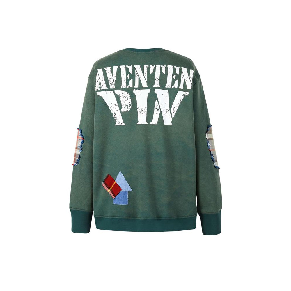 Aventen Pin Patchwork Plaid Broken Sweater Olive Green - Mores Studio