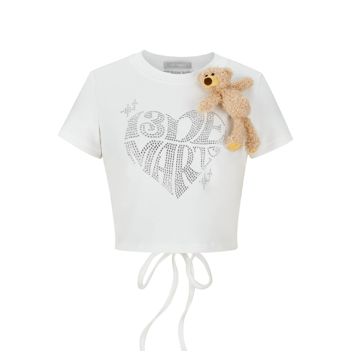 13De Marzo Rhinestone Heart Logo Tee White