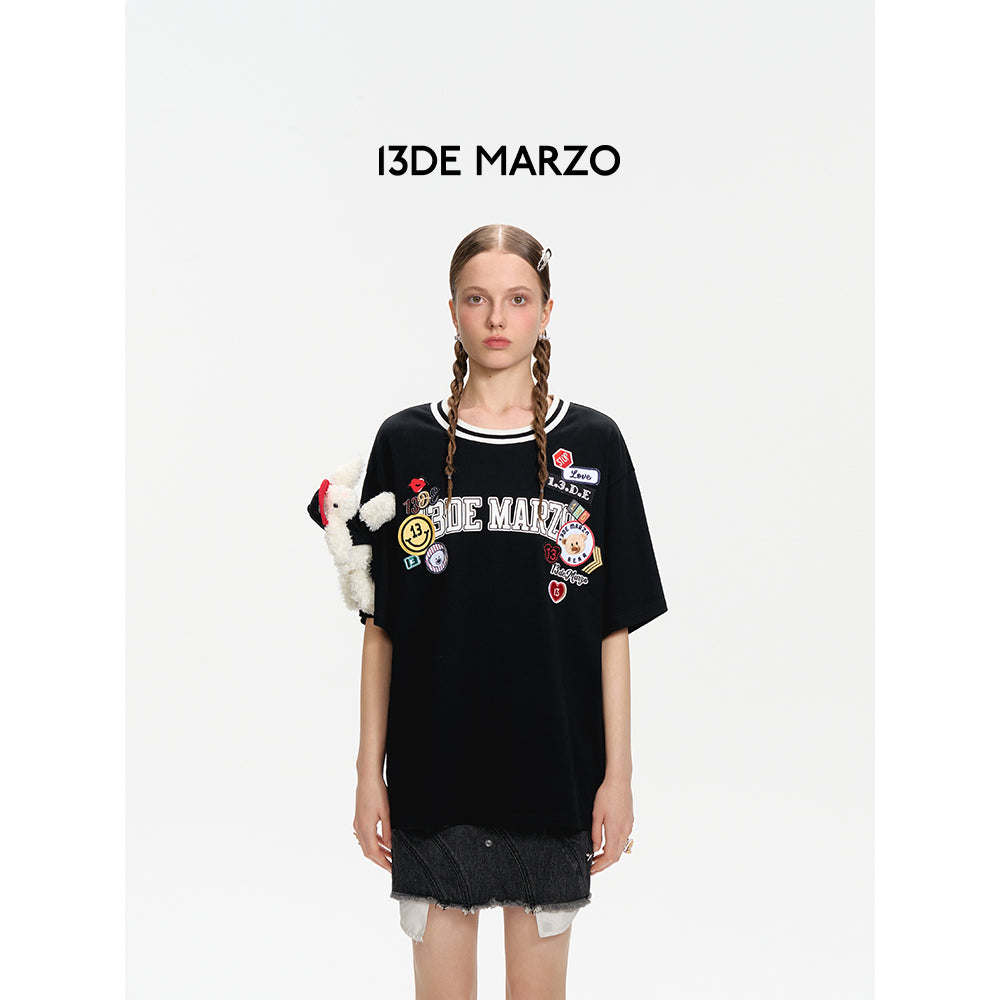 13De Marzo Badge Knit Collar T-Shirt Black - Mores Studio