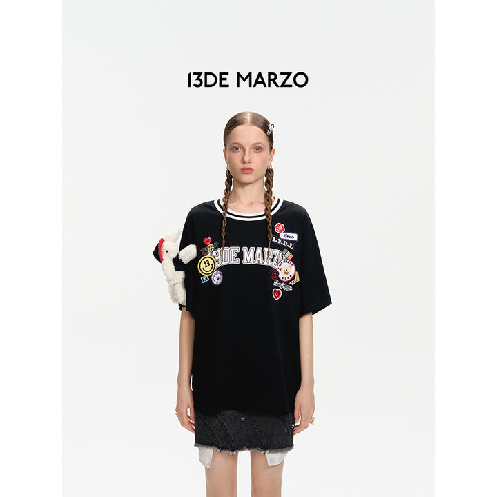 13De Marzo Badge Knit Collar T-Shirt Black - Mores Studio