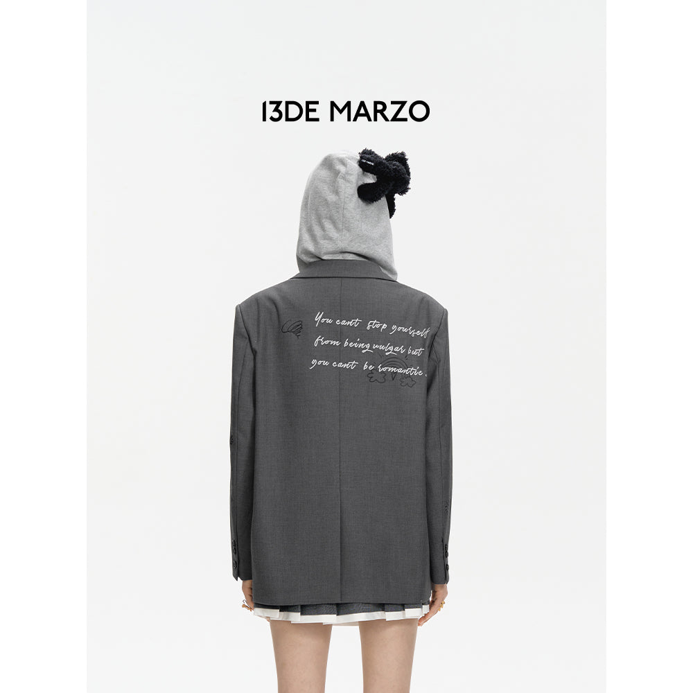 13De Marzo Fake-2-Piece Sketch Bear Hooded Suit Grey