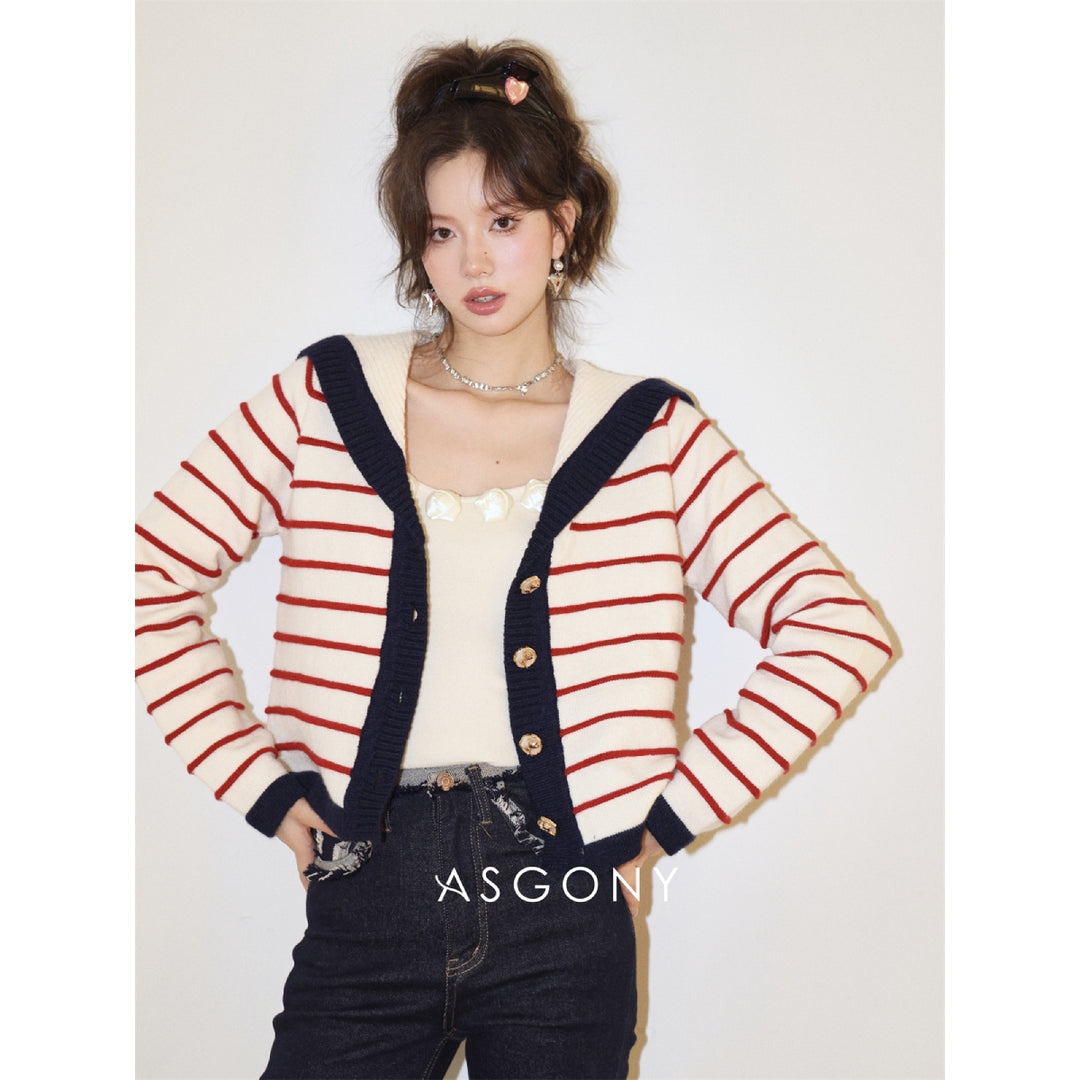 AsGony Sailor Collar Striped Knitted Cardigan Red