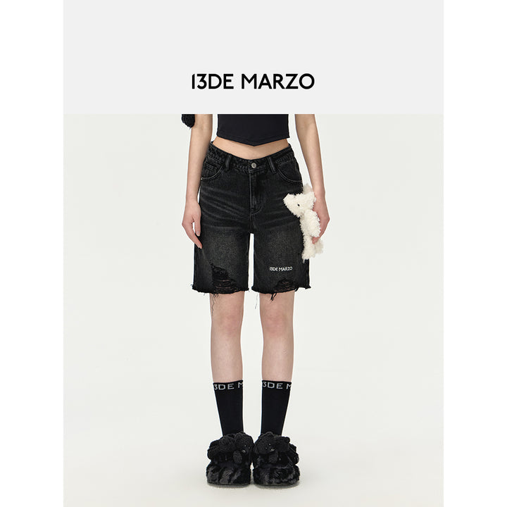 13De Marzo Plush Bear Logo Denim Biker Shorts Black