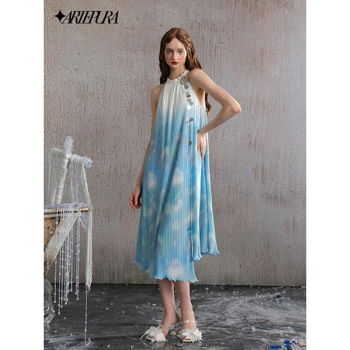 Arte Pura Halter Neck Gradient Sequin Pleated Maxi Dress Blue