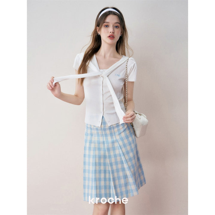 Kroche Plaid Pleated High-Waisted Long Skirt Blue