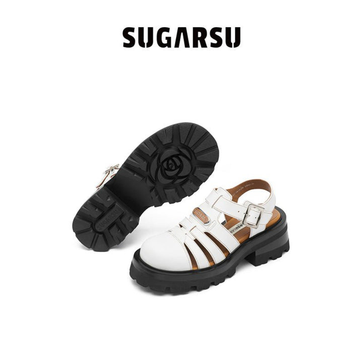 SugarSu Vintage Platform Thick-Soled Roman Sandals White