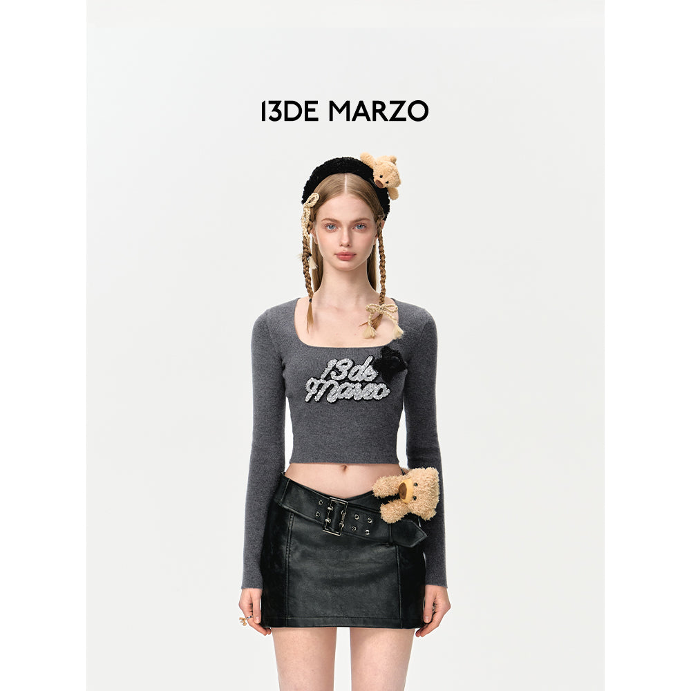 13De Marzo Sequin Logo Slim Fit Top Dark Gray