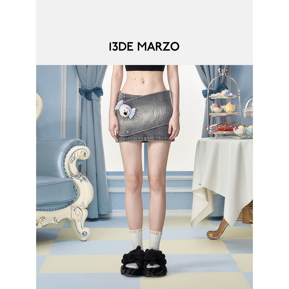 13De Marzo X PEKO Sweet Bear Low-Rise Mini Denim Skirt Gray