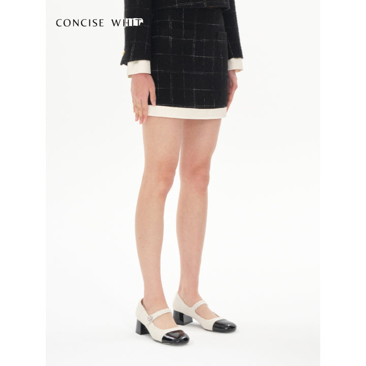 Concise-White Plaid Patchwork Woolen Tweed Skirt Black - Mores Studio