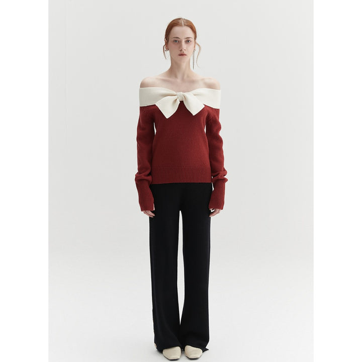Rumia Bowtie Off-Shoulder Knit Top Red