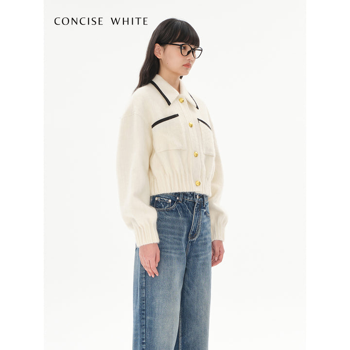 Concise-White Golden Button College Style Woolen Jacket White - Mores Studio