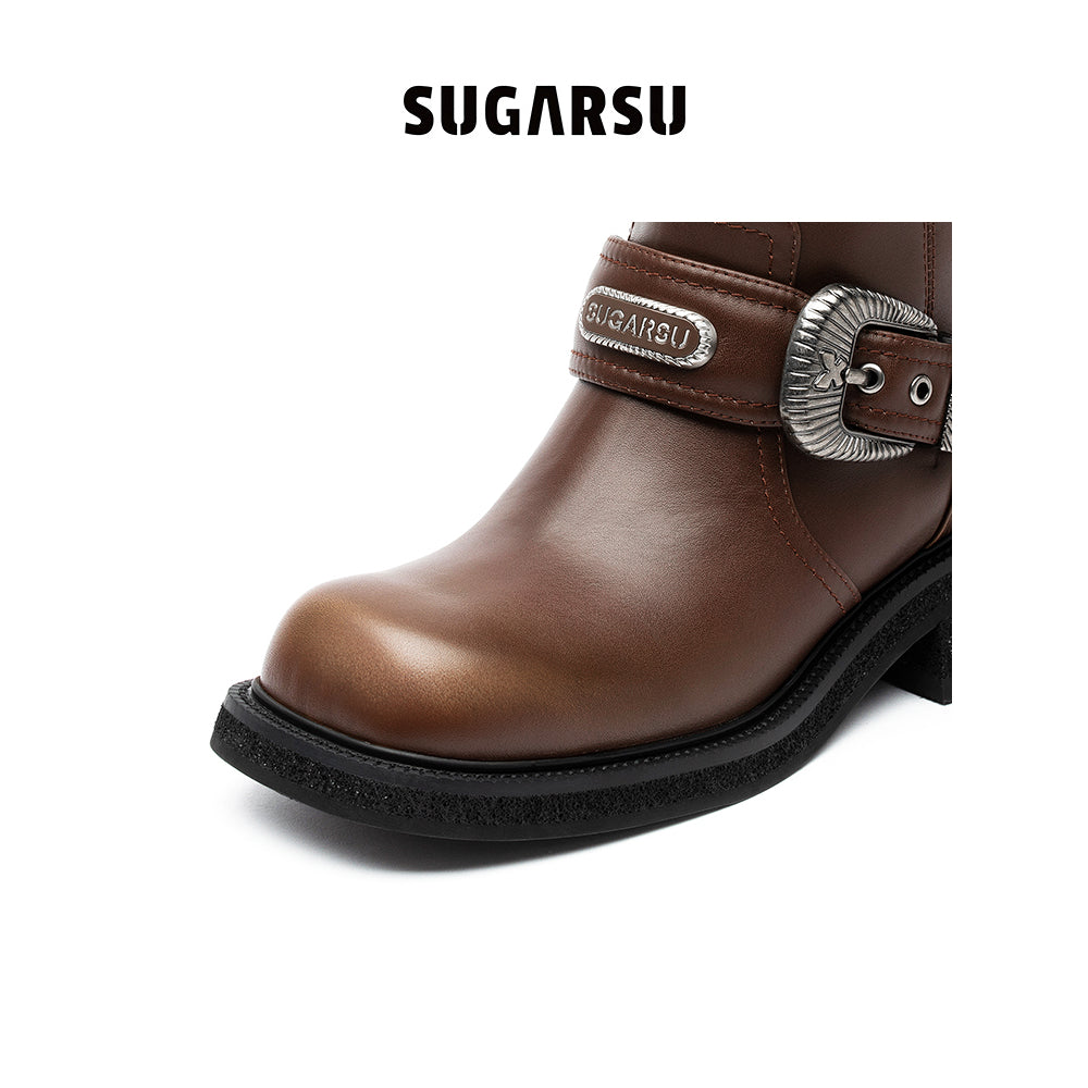 SugarSu Double Metal Buckle Leather Boots Brown - Mores Studio