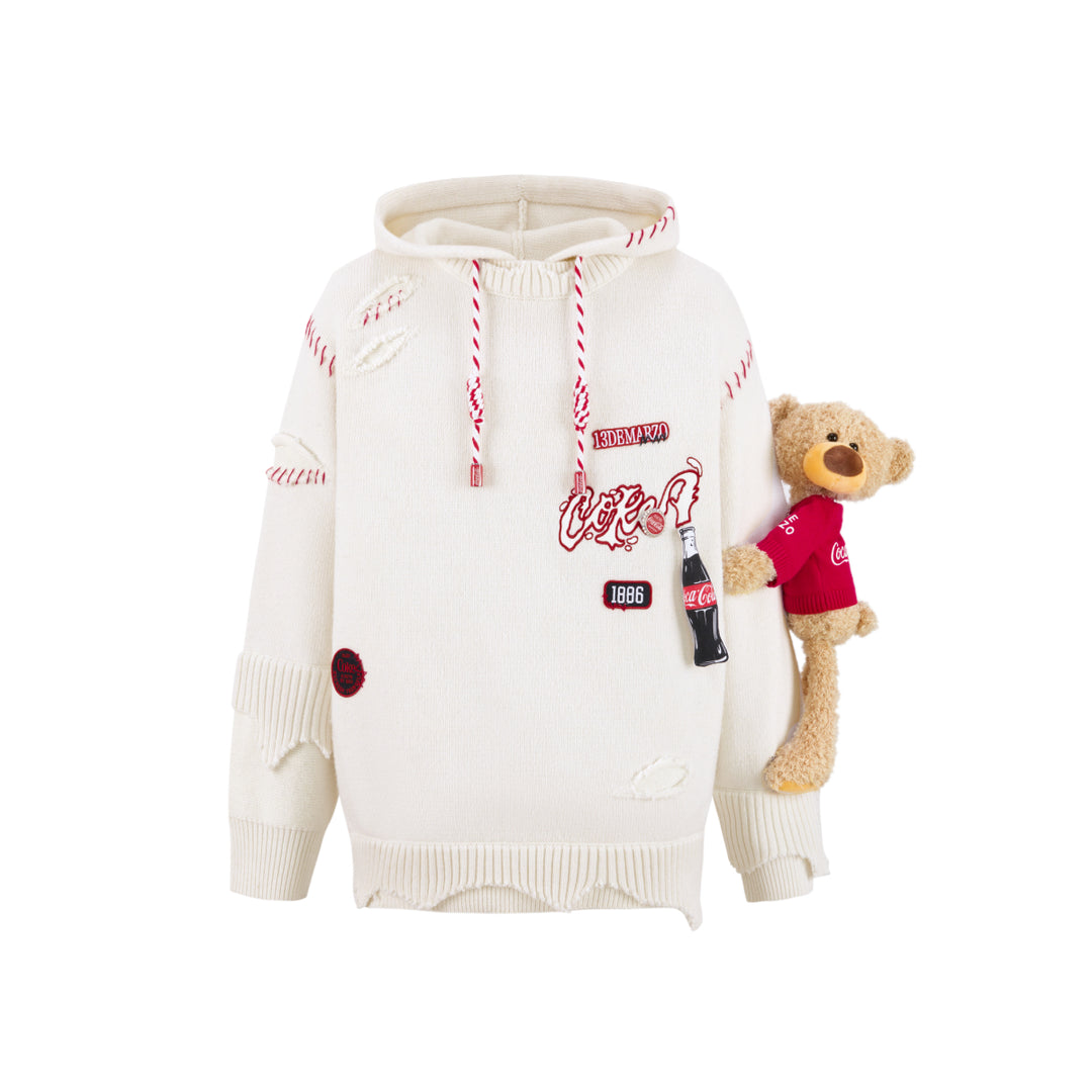 13De Marzo X Coca-Cola Bear Destroyed Knit Hoodie White - Mores Studio