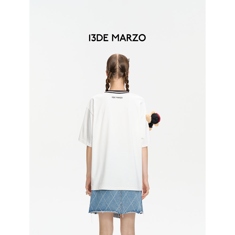 13De Marzo Badge Knit Collar T-Shirt White - Mores Studio