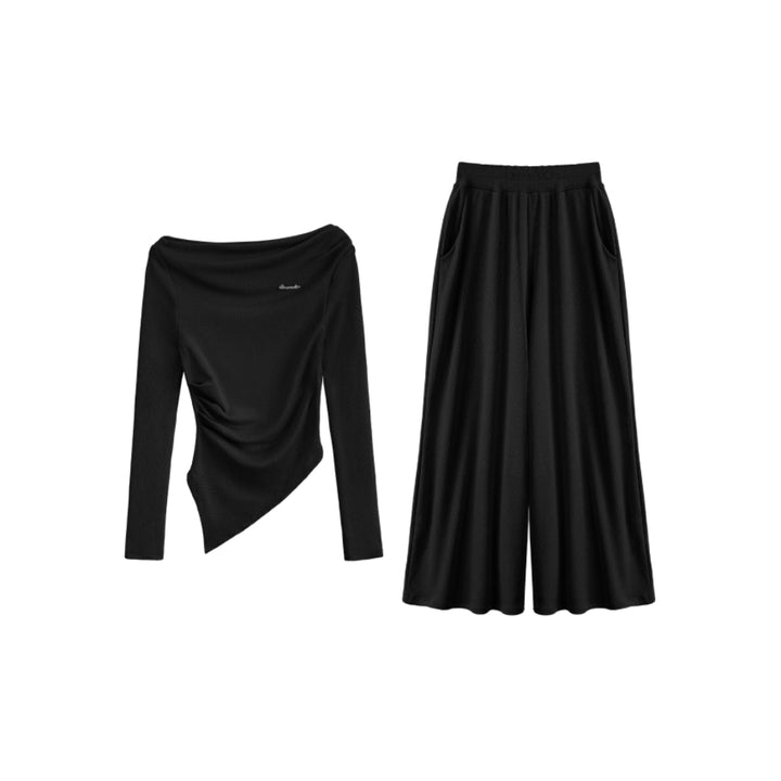 Brow Moda Pleated Irregular Top And Wide-leg Pants Set Black