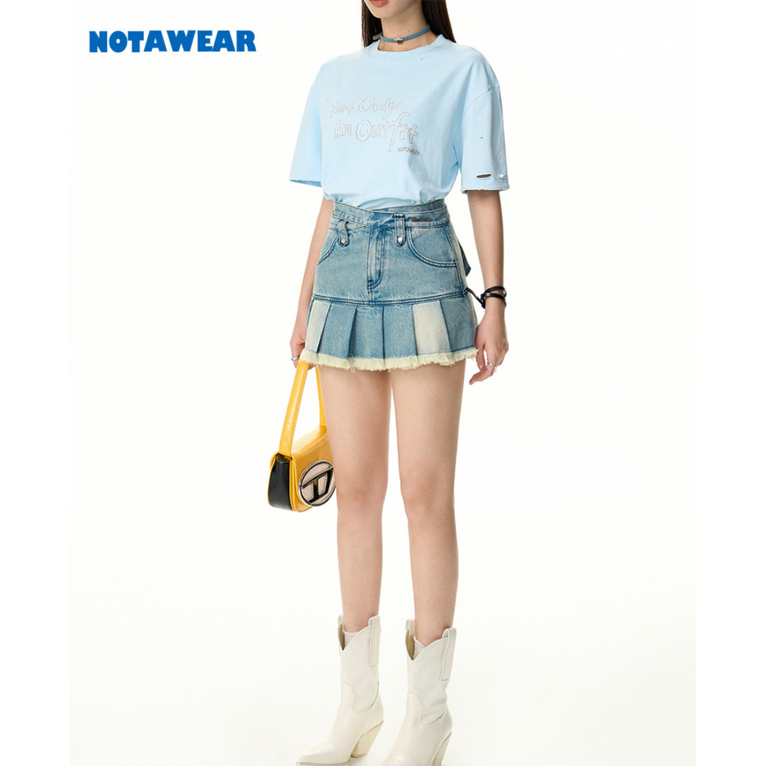 NotAwear Colo Blocked Hollow-Out Denim Pleated Skirt