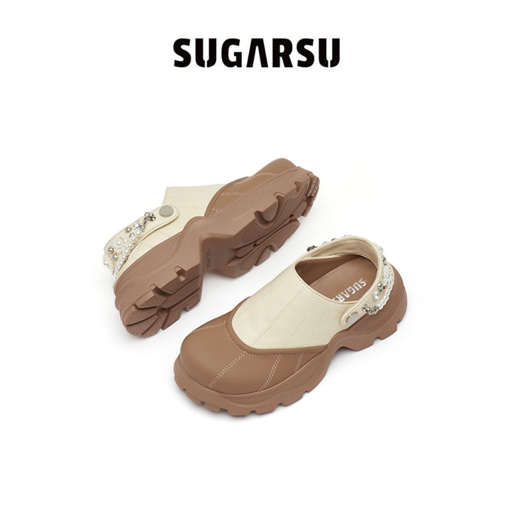 SugarSu Pearl Chain Decorated Tip-Tilt Clog Mules Khaki