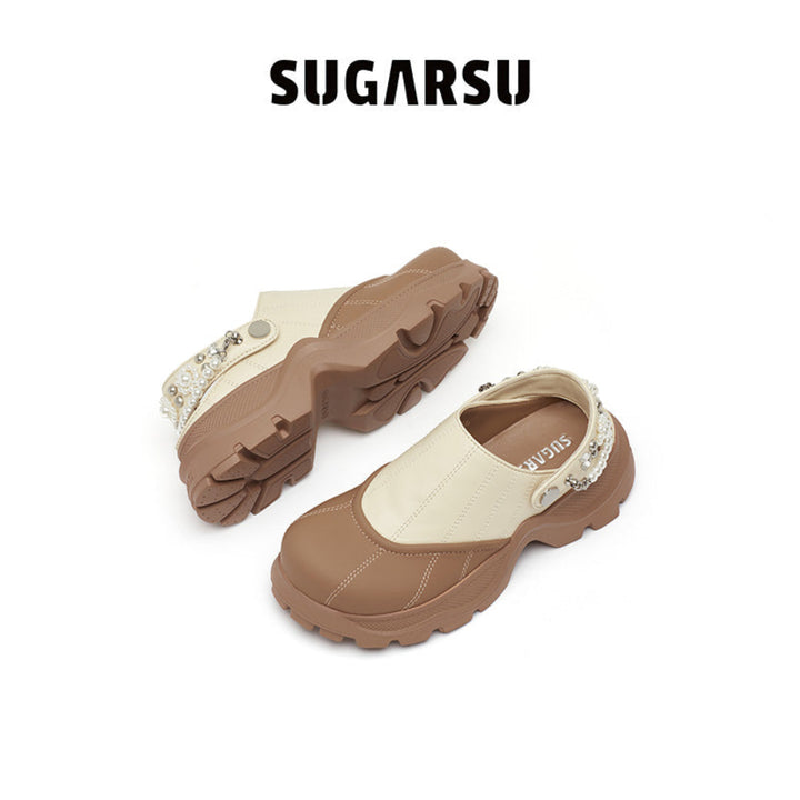 SugarSu Pearl Chain Decorated Tip-Tilt Clog Mules Khaki