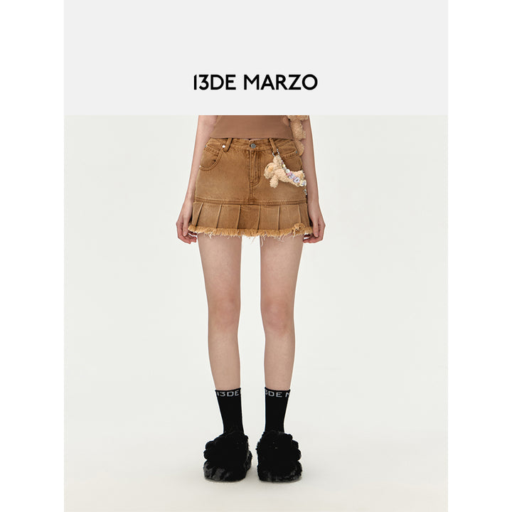 13De Marzo Logo Bead Chain Denim Skirt Brown