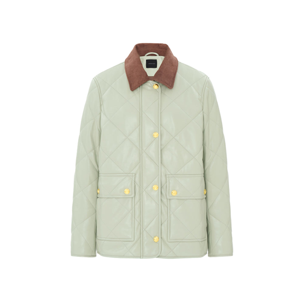 Concise-White PU Leather Puff Jacket Light Green - Mores Studio