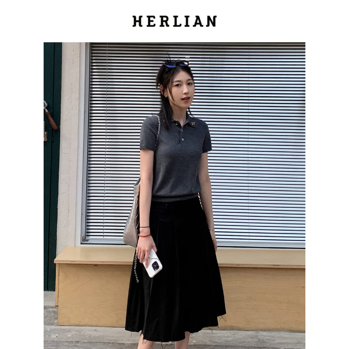 Herlian Bow Pins Knit Polo Top Grey