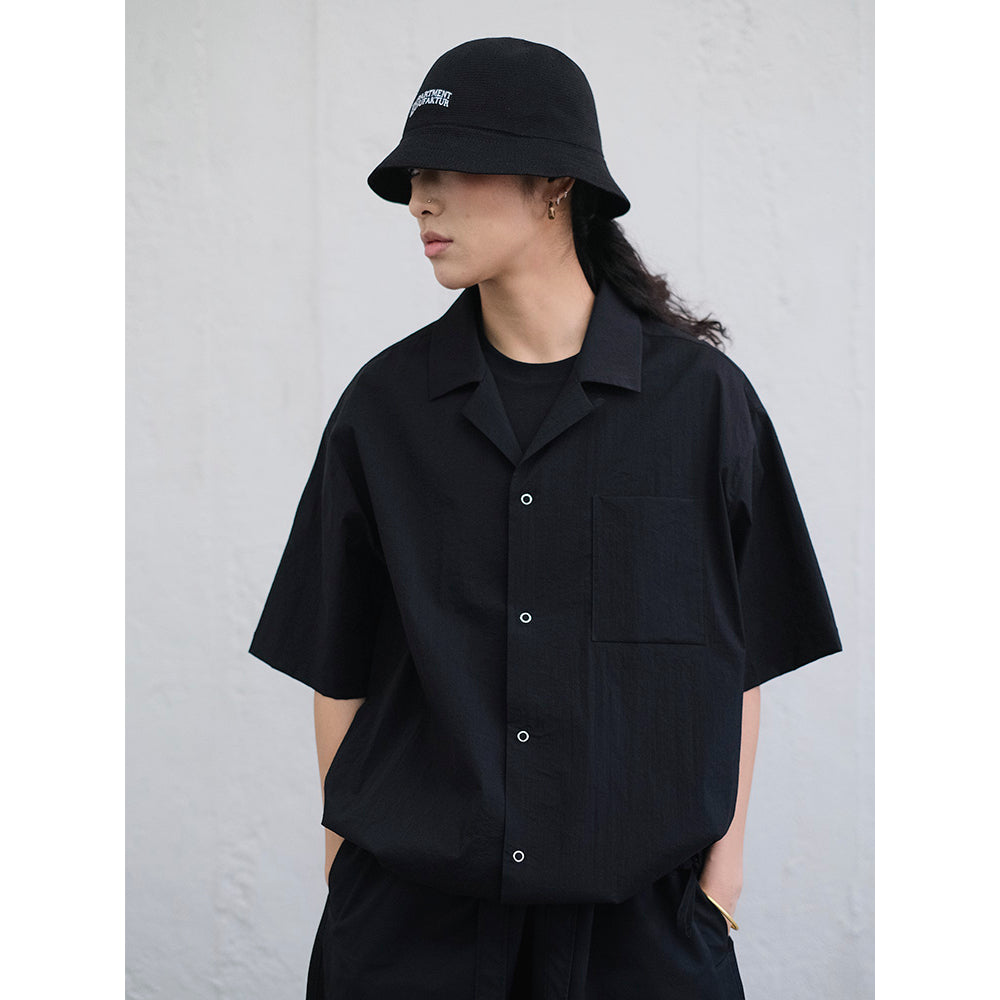MANUFACTURE Drawstring Short Sleeve Nylon Shirt Black