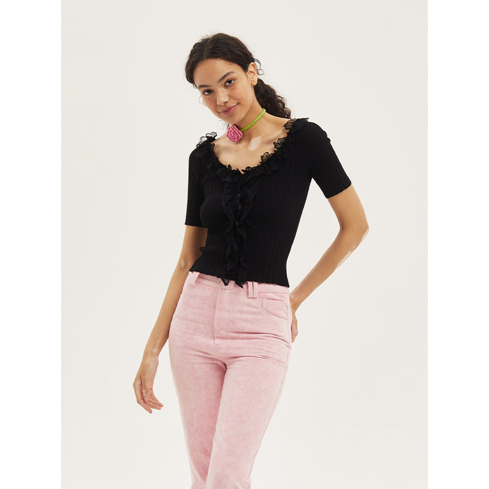 Palavas Lace Edge Short Sleeve Top Black