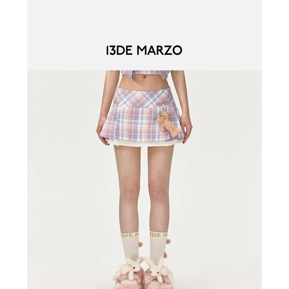 13De Marzo Plaid Low Waist Pleated Skirt Pink