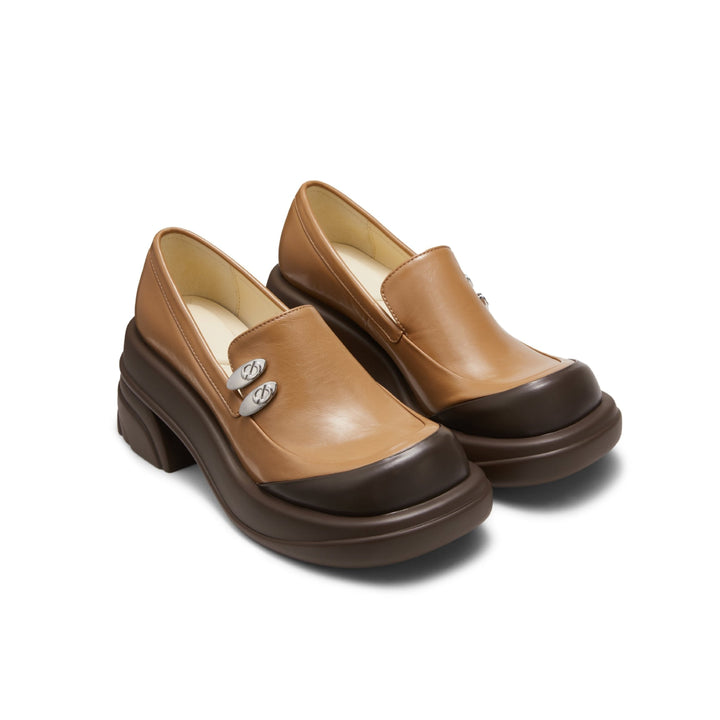 Lost In Echo Round Toe Thick-Soled Heel Leather Shoes Brown