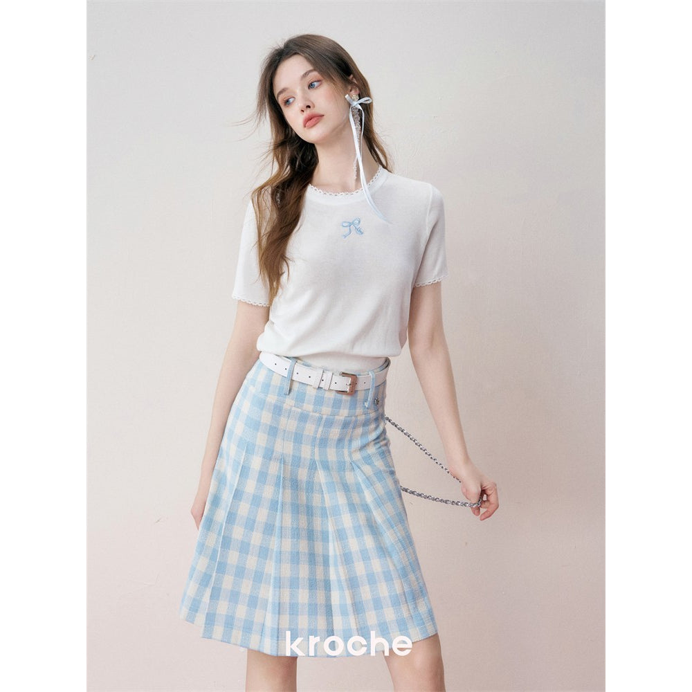 Kroche Plaid Pleated High-Waisted Long Skirt Blue