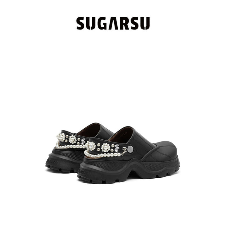 SugarSu Pearl Chain Decorated Tip-Tilt Clog Mules Black