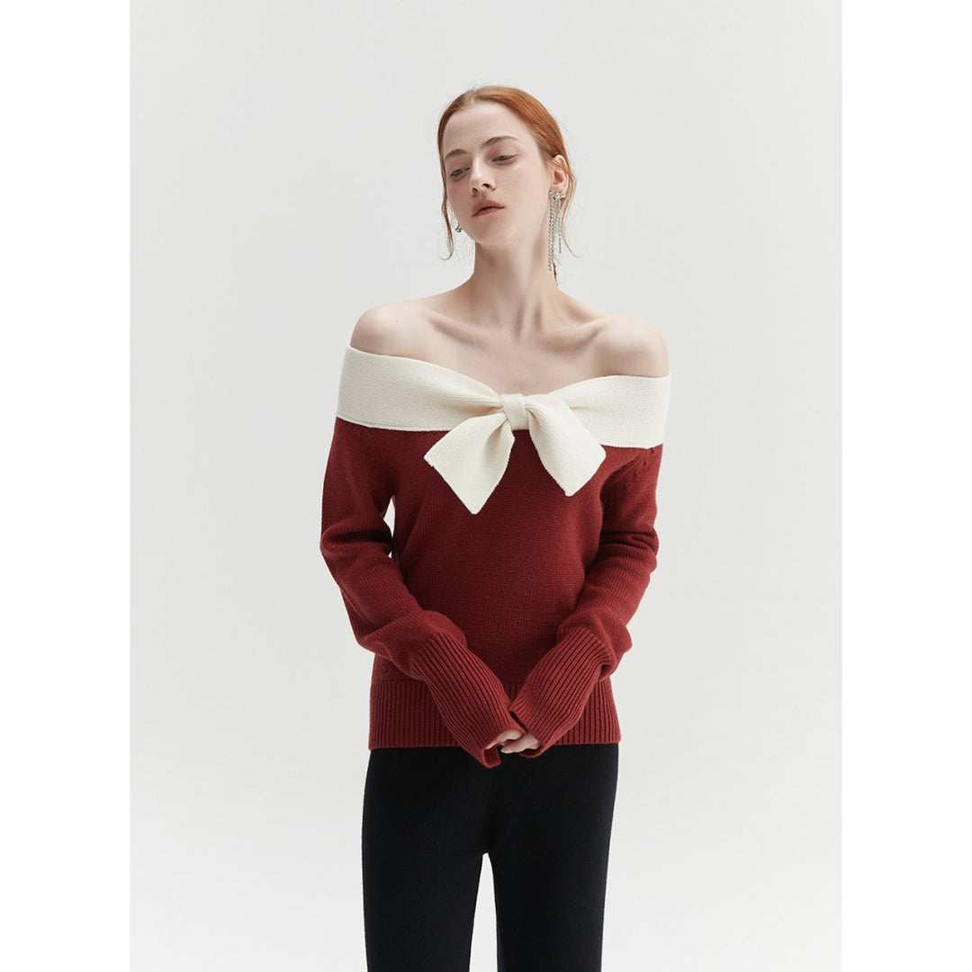 Rumia Bowtie Off-Shoulder Knit Top Red