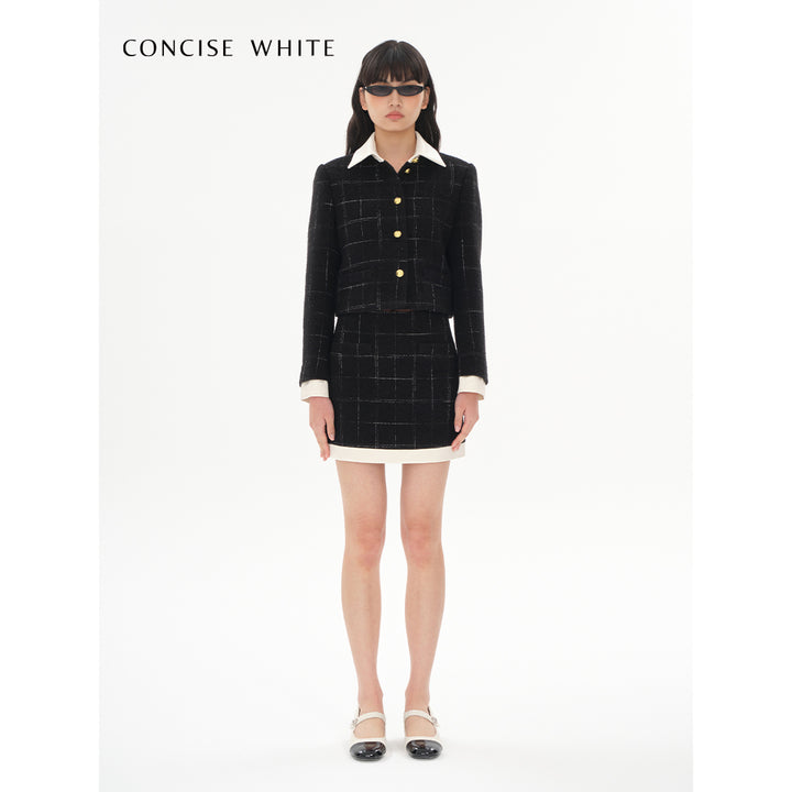 Concise-White Plaid Patchwork Woolen Tweed Coat Black - Mores Studio