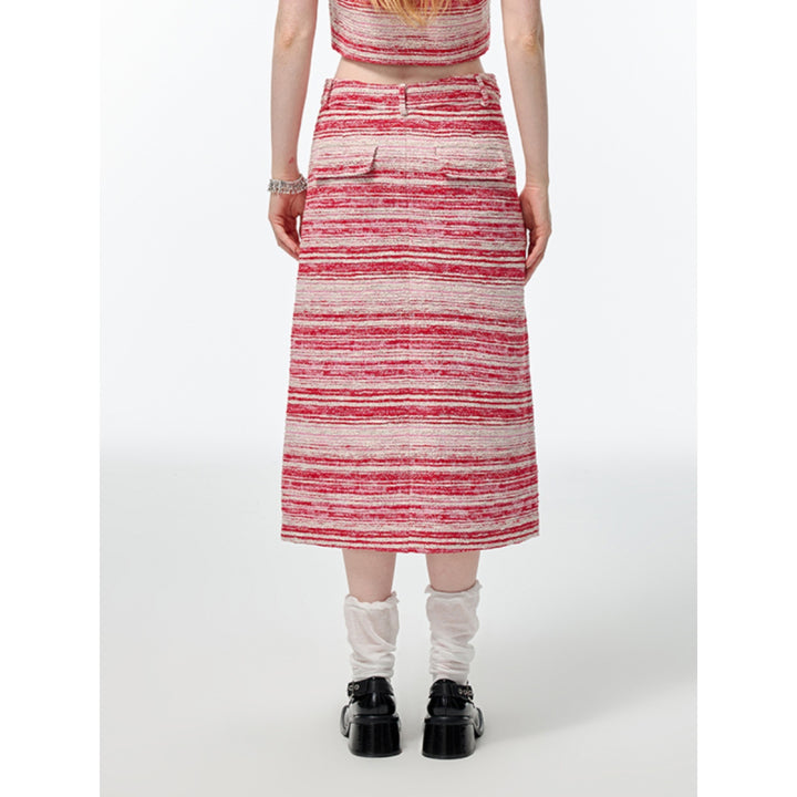 Alexia Sandra Striped Tweed Long Skirt Pink - Mores Studio