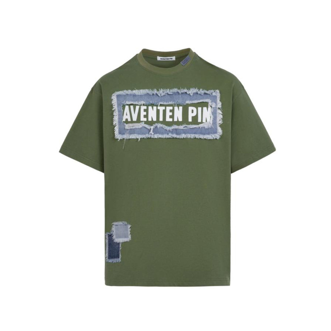 Aventen Pin Broken Denim Logo Patch Tee Olive Green - Mores Studio