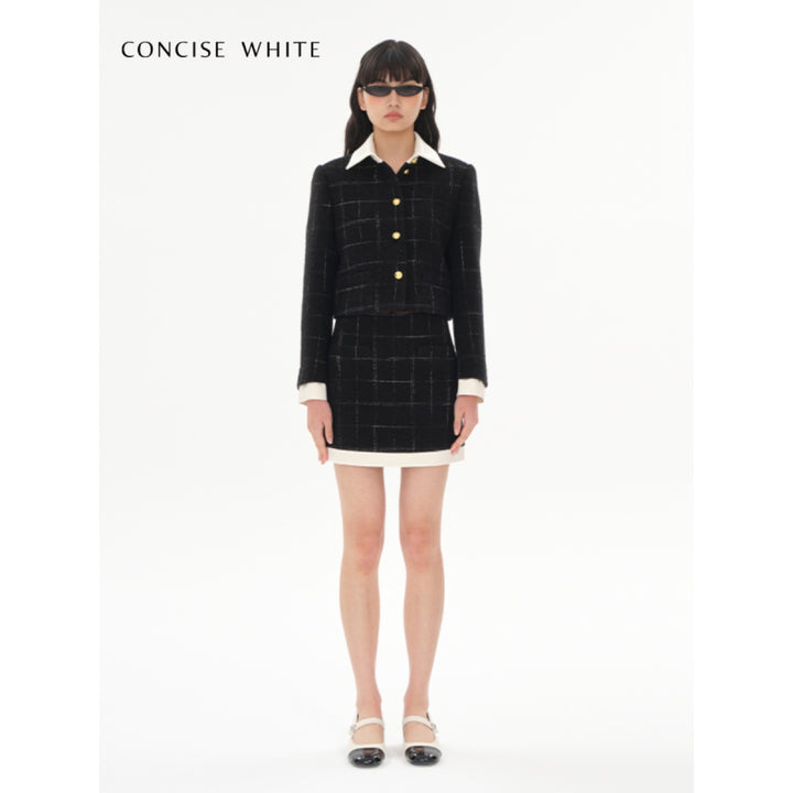 Concise-White Plaid Patchwork Woolen Tweed Skirt Black - Mores Studio