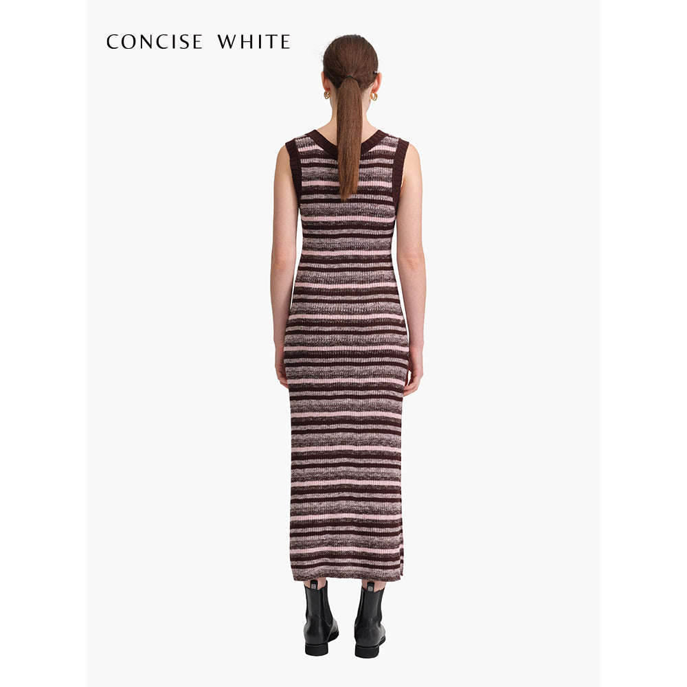 Concise-White Color Striped Knitted Long Dress - Mores Studio