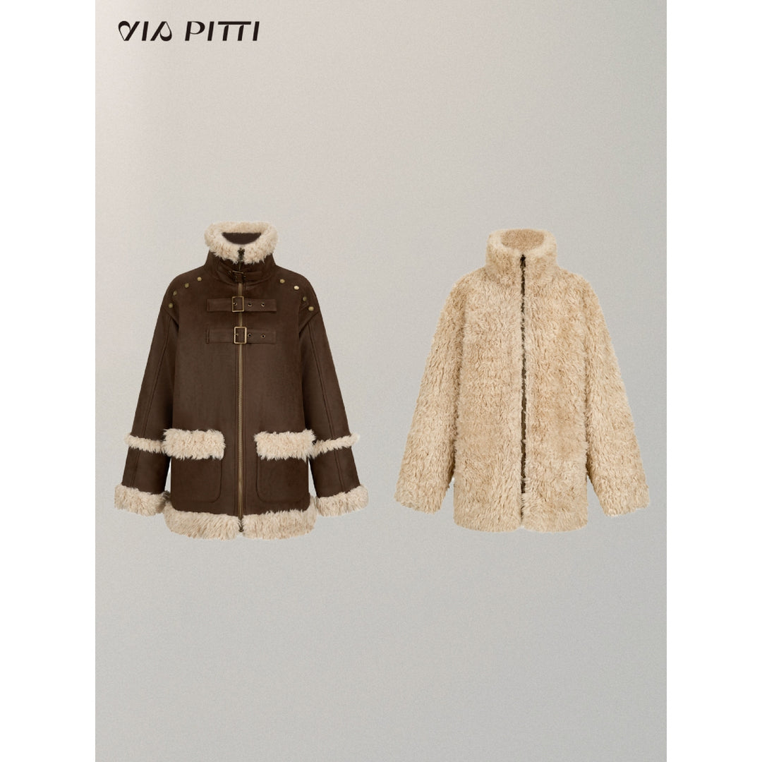 Via Pitti Fluffy Patchwork Reversible Suede Jacket Brown - Mores Studio