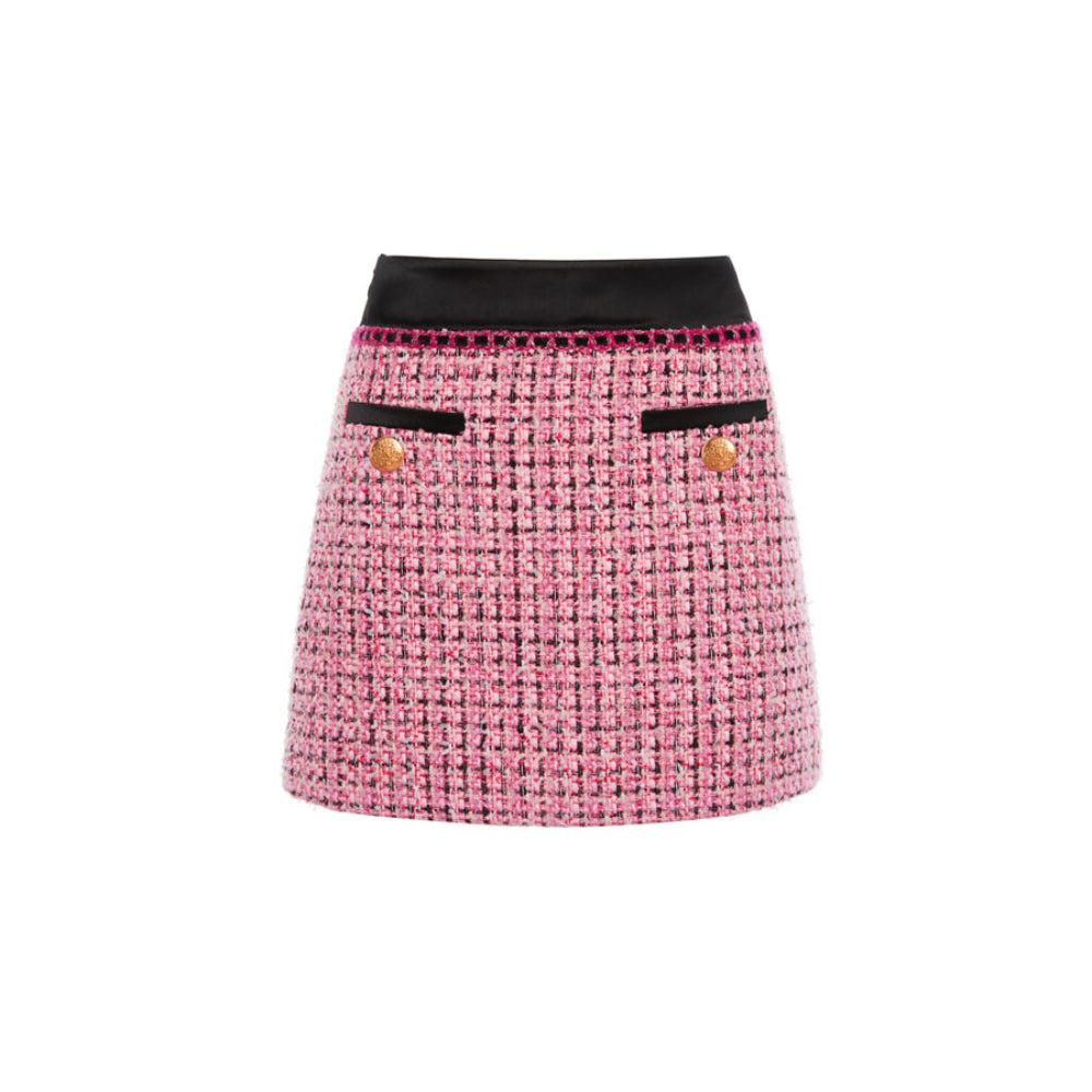Rocha Roma Acetate Paneled Tweed Skirt Pink - Mores Studio