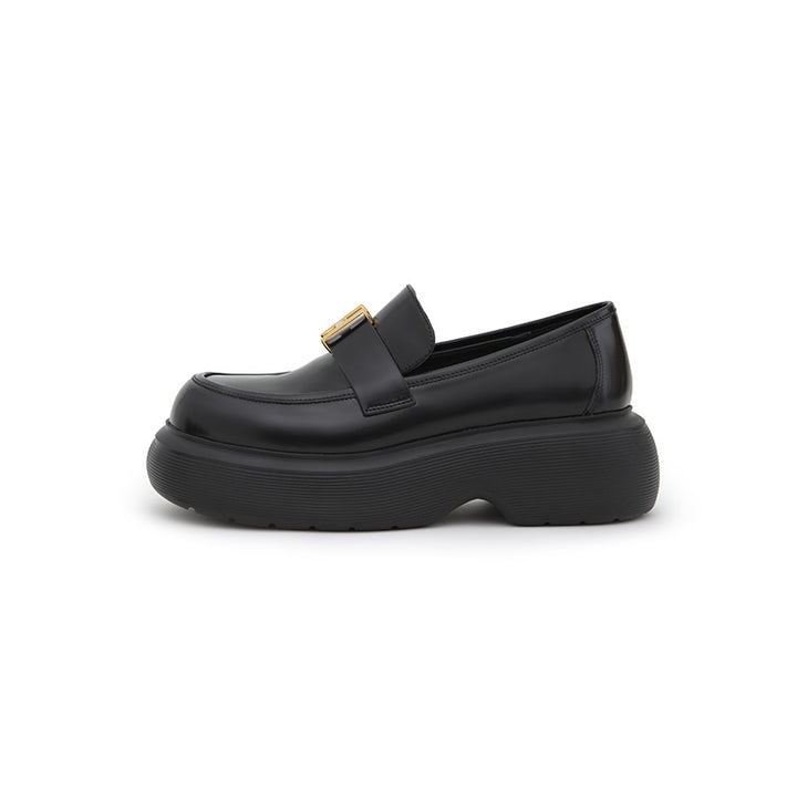 Herlian Logo Buckle Thick Sole Leather Loafer Black