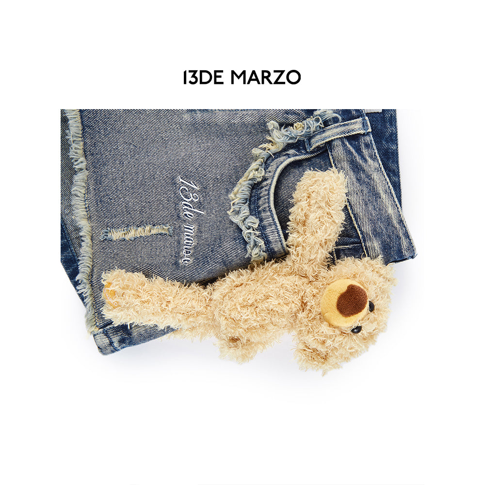 13De Marzo Plush Bear Retro Logo Chain Denim Shorts Blue