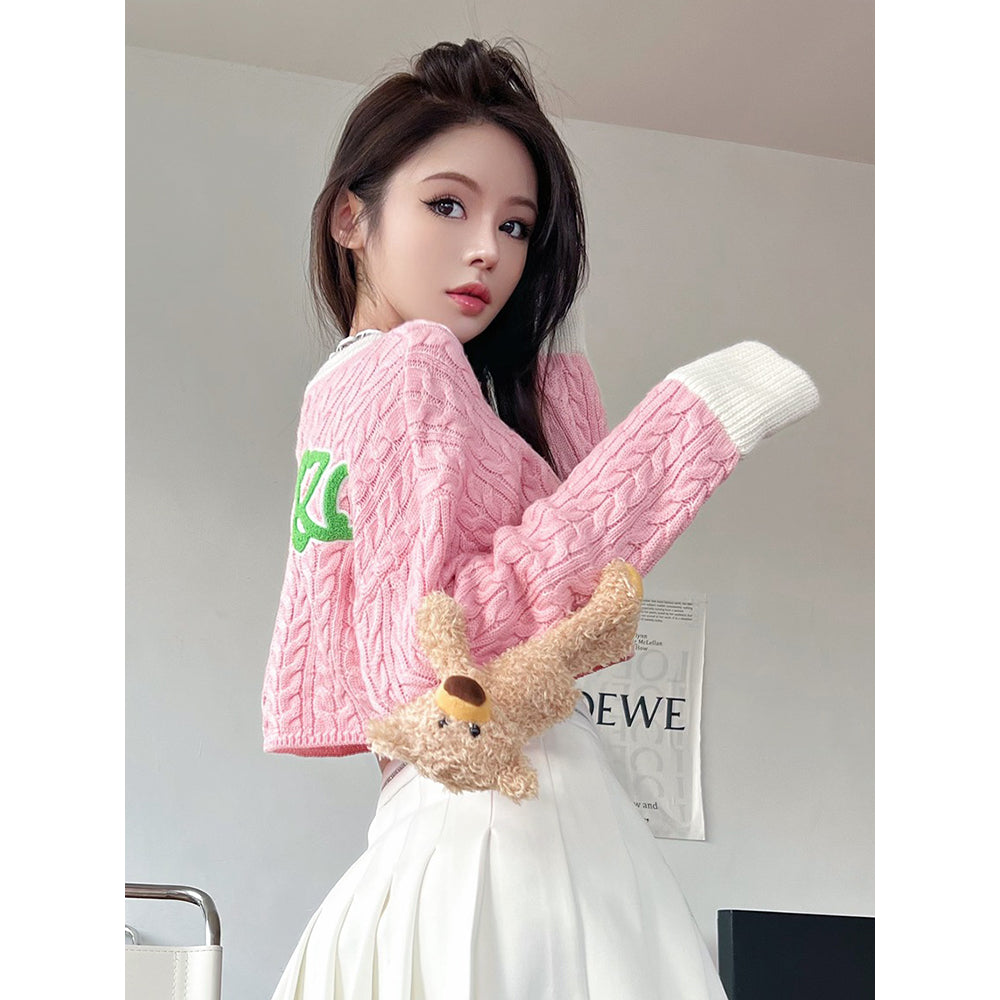 13De Marzo Plush Bear Knit Short Sweater Pink